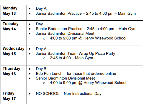 Nickle Schedule May 13 - 17